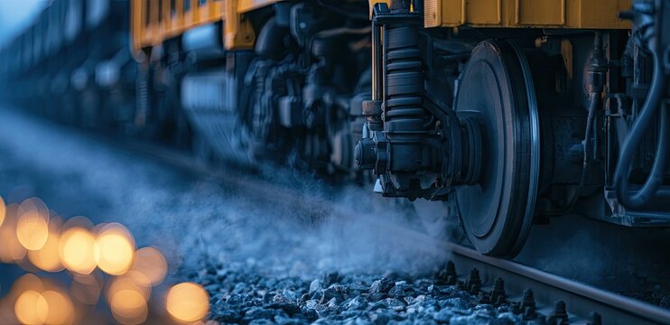 Close-up of a train wheel on tracks, emitting steam, with bokeh lights