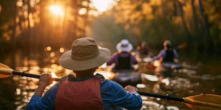 People kayaking on a tranquil river at sunset, surrounded by trees