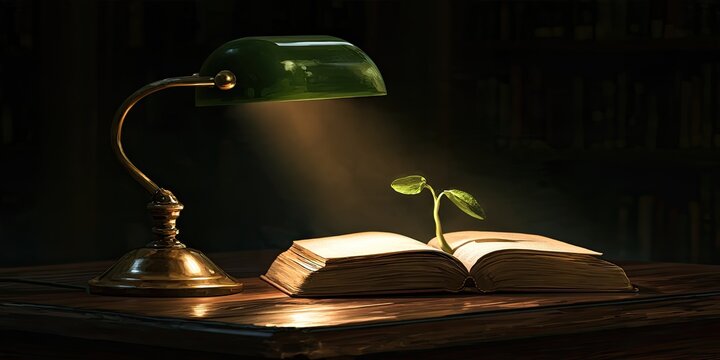 A green desk lamp illuminates a book with a seedling growing from its pages
