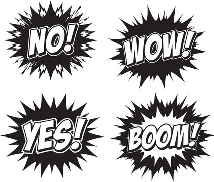 Dynamic collection of comic book style explosion graphic elements, featuring bold exclamatory words such as 'WOW!', 'YES!', 'NO!', and 'BOOM!' for impactful design