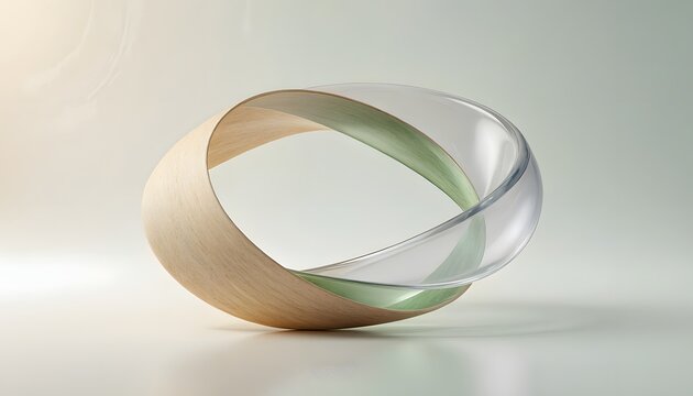 Minimalist abstract composition showcasing a continuous mobius loop crafted from smooth light wood and clear glass material on neutral grey background