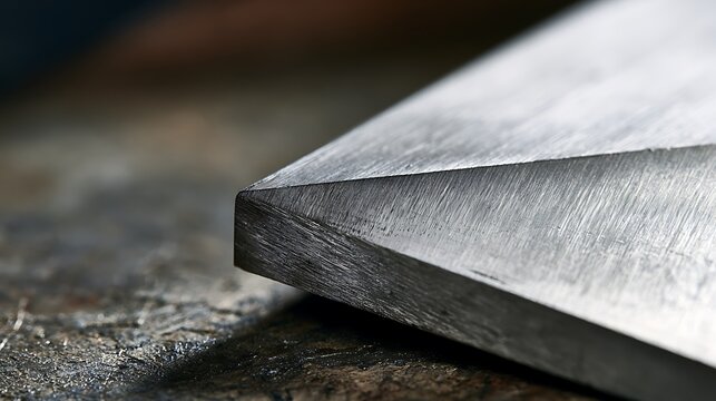 Macro view of sharp polished metal corner edge with brushed steel texture.
