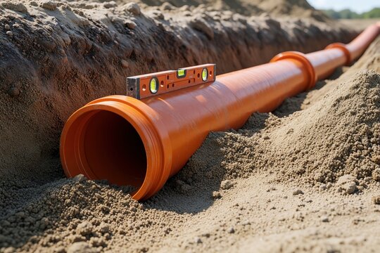 Orange PVC pipe laid in sand trench during construction. Level tool on pipe ensures correct slope for drainage system installation. Sewer worksite detail.