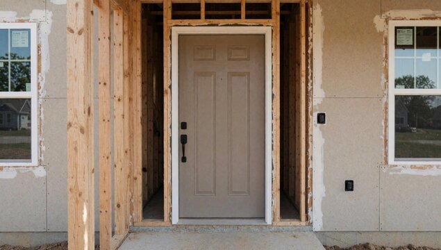 Entrance house construction door beige color has black handle walls made concrete there windows either side fr
