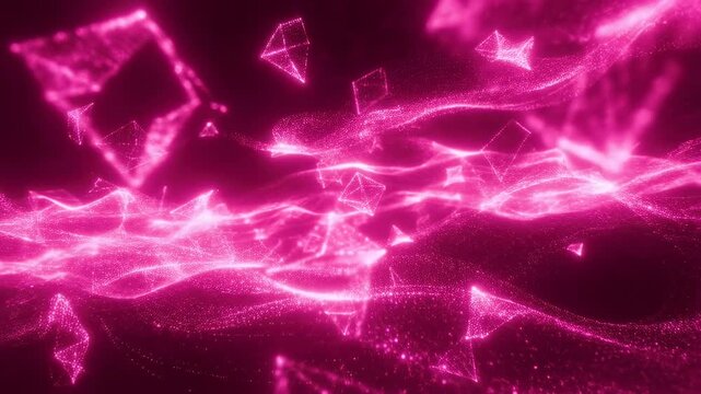 Pink particle waves and wireframe forms drift through a dark digital space. Technology presentation, digital media design, and science and innovation promotion.