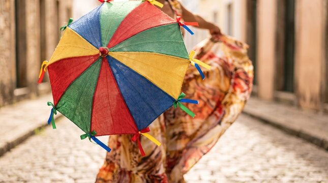 Woman dancing Frevo with colorful umbrella on cobblestone street