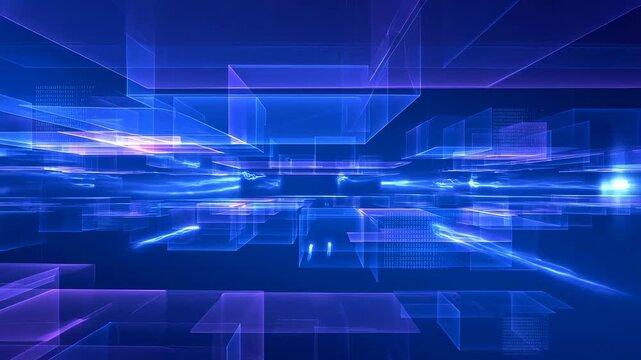 Abstract digital geometric forms drift through a glowing blue and violet grid space. Technology presentation, software promotion, and cybersecurity media.