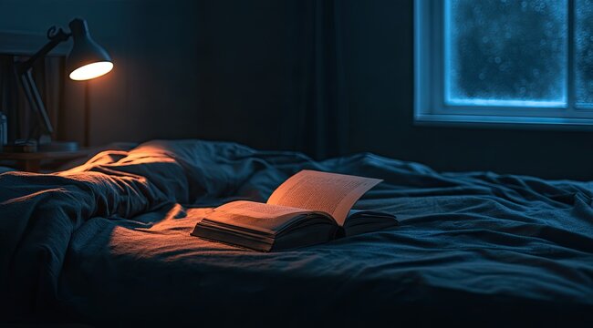 Cozy bed with illuminated open book, lamp, and rainy window at night