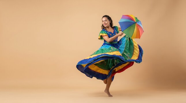 Woman in traditional Frevo costume dancing with rainbow umbrella
