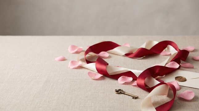 Ribbon Heart with Rose Petals and Vintage Key on Linen Surface