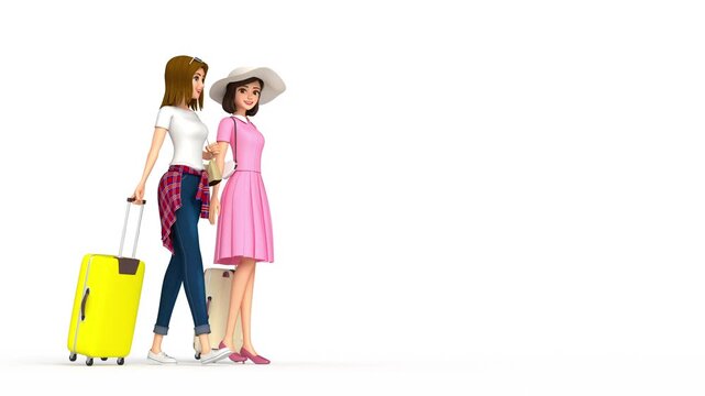 Two women are enjoying their trip.
The two of them walk on and on, without stopping, forever.