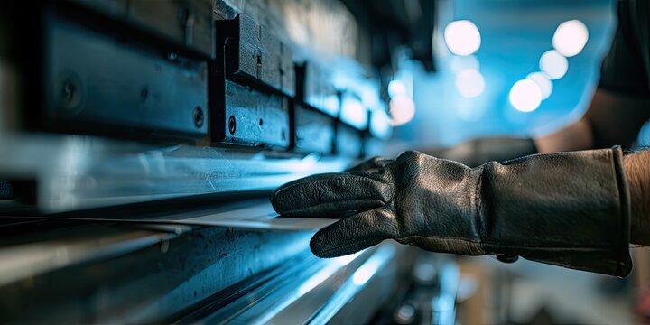 Gloved hands guide metal into industrial press, creating sharp folds under blue light