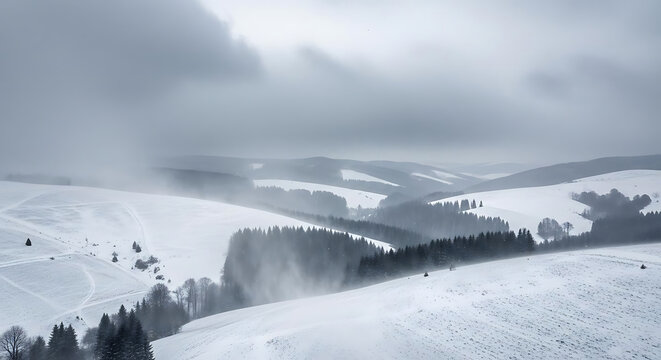 Snow covered rolling hills and evergreen forests under a cloudy winter sky in the mountains
