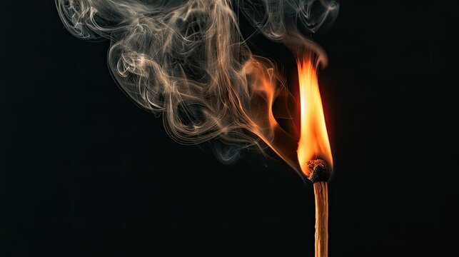 A single lit match burns brightly, producing wisps of smoke against a dark background