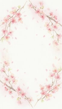 Soft Watercolor Cherry Blossom Branch Frame Background with Pink Petals