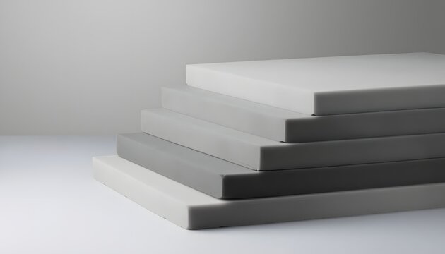 Stacked foam material sheets in grey shades arranged diagonally on white studio background for industrial manufacturing product presentation and material sampling