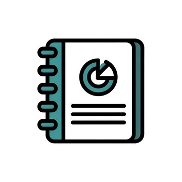Green notebook icon with a business pie chart symbol