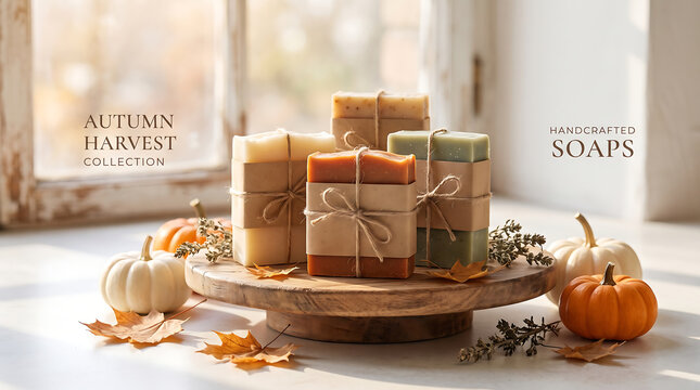 Artisan soap bars with rustic twine on wooden tray featuring autumn pumpkins and leaves for seasonal wellness.