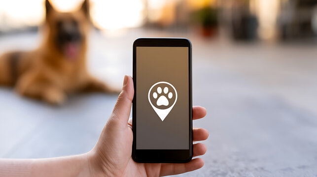 Person hold smart phone display app for locate dog pet security map service with blur german shepherd canis lupus familiaris in background