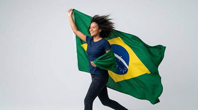Young Brazilian Woman Holding the Brazil Flag and Celebrating as a Soccer Fan, Smiling Football Supporter Showing National Pride, Sports Excitement and Happiness