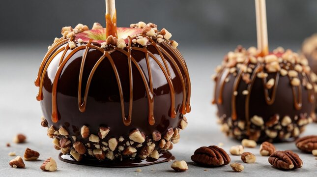 Chocolate covered apples with caramel drizzle and nuts are presented on a gray surface. These sweet treats offer a satisfying crunch and rich flavor combination for any occasion. Perfect for autumn.