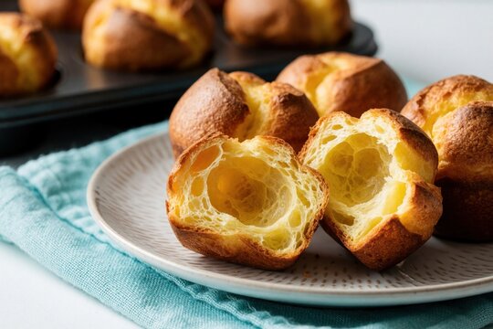 Golden popovers sit on plate. One popover breaks open revealing airy interior texture. Baked pastry sits in muffin tin background. Delicious homemade bread is ready for serving.