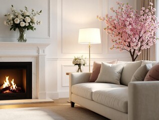Obraz premium Cozy living room interior with burning fireplace, white roses in vase. Modern sofa with soft pillows sits near blooming pink cherry blossom tree. Elegant home decor creates warm atmosphere with soft