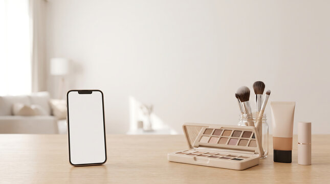 Blank smartphone mockup on wooden table with makeup palette, brushes, and cosmetics in a minimalist bright interior for beauty influencer content.