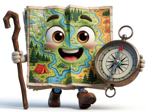 Cheerful map character with compass and wooden staff explores outdoors. Ready for adventure, this cute guide is perfect for travel and exploration content.