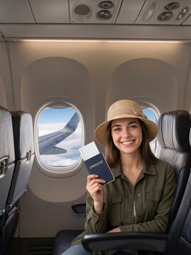 Smiling young woman holding passport and boarding pass inside airplane ready for travel adventure.