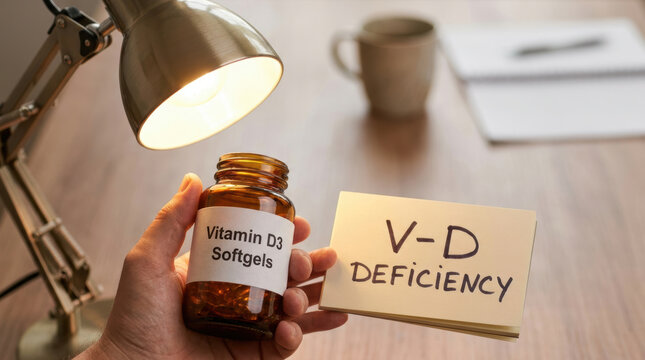 Vitamin d3 softgels bottle hand v d deficiency desk lamp office work