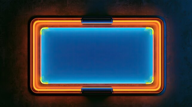 Rectangular frame with glowing neon lights on a dark textured background