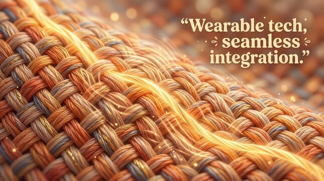 Macro View of Smart Fabric Texture with Glowing Golden Threads Representing Wearable Technology