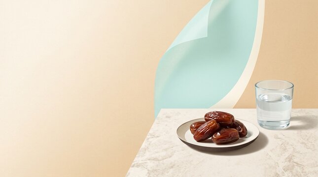 Minimal Ramadan Iftar banner with glossy dates and a glass of water on pale stone, framed by soft paper layers and generous negative space