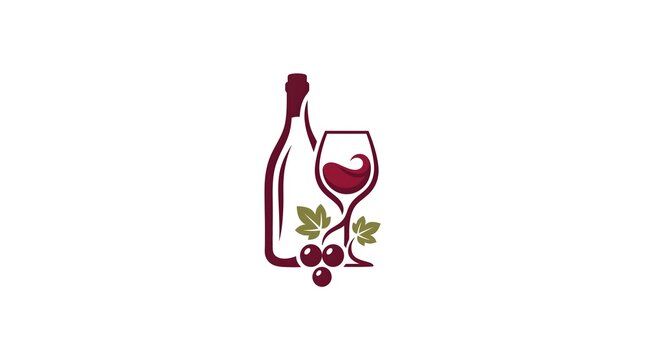Elegant wine logo template featuring a stylized wine bottle, a glass with red wine, and a bunch of grapes with green leaves, isolated on a white background.