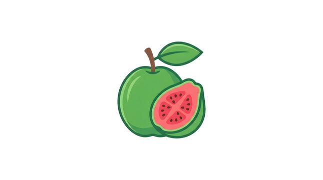 A clean vector illustration of a whole green guava fruit with a leaf and a half-cut slice revealing its pink flesh and seeds, isolated on a white background