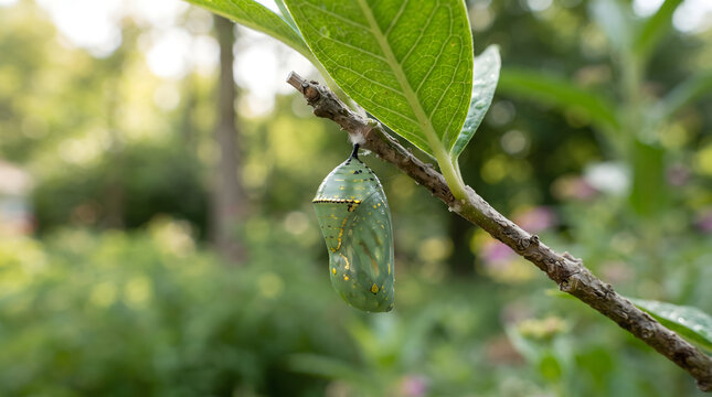 Monarch butterfly chrysalis hangs suspended from a leafy green branch outdoors in nature.