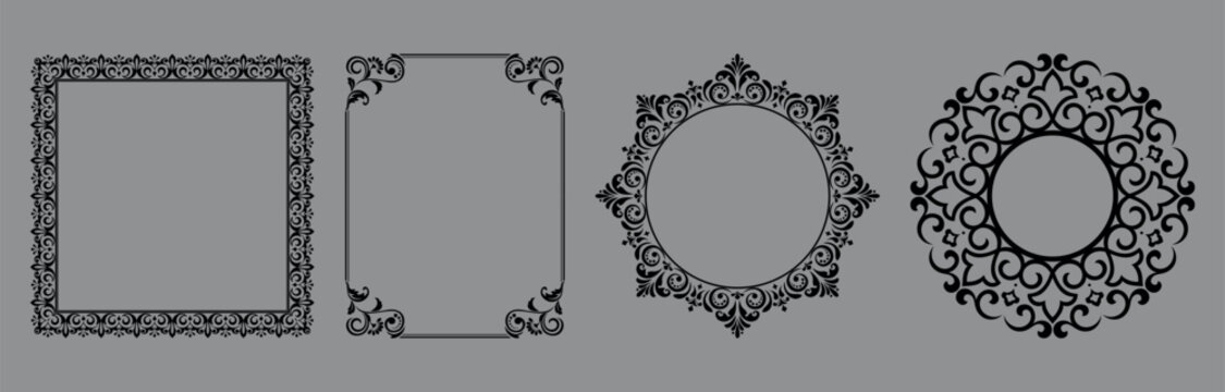 Set of decorative frames Elegant vector element for design in Eastern style, place for text. Floral black and gray frames. Lace illustration for invitations and greeting cards