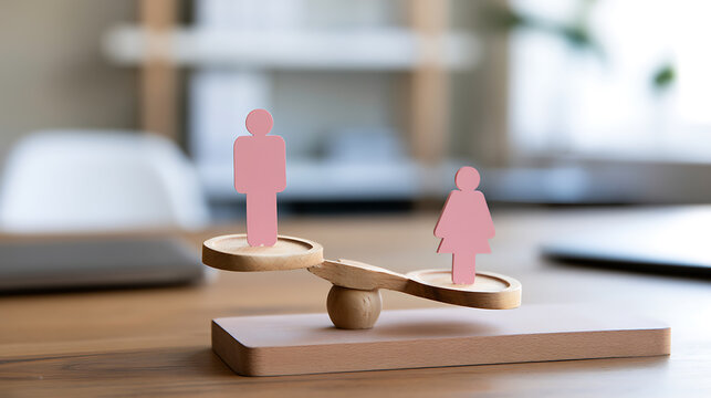 Wooden scale showing gender inequality with a male figure heavier than a female silhouette on a desk representing human rights disparity