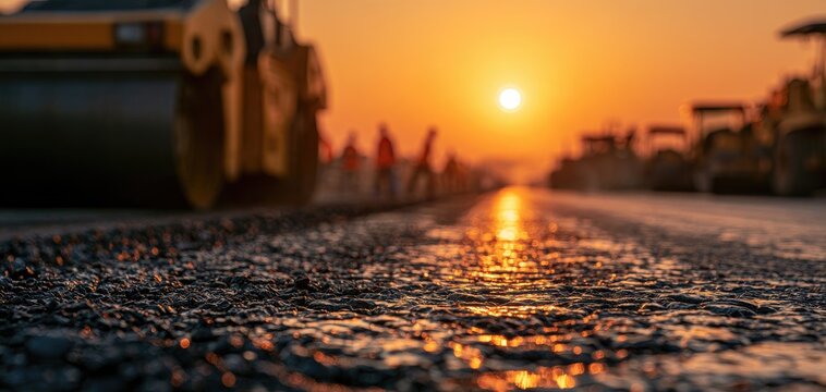Road construction at sunset with steam rising from asphalt