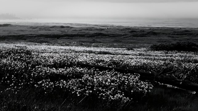 Ishikawa coastal meadow with storm washed driftwood and flowers