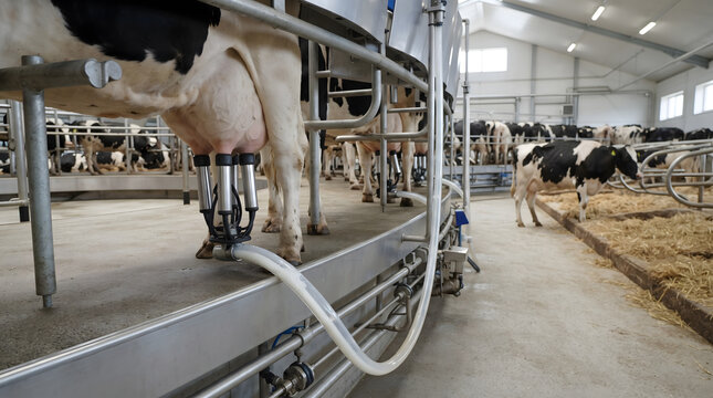 Automated milking machine operates on a dairy cow inside an industrial farm facility.