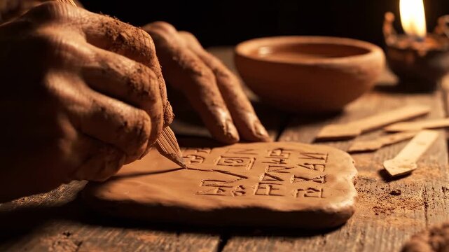 A scribe's steady hands press a reed stylus into damp clay, forming precise wedge-shaped cuneiform marks under warm lamplight in ancient Mesopotamia. Birth of written language concept