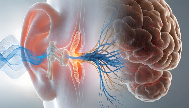 Inner ear anatomy and auditory nerve signaling. Cochlea mechanism and hearing science education. Sound waves passing through the ossicles and nerve fibers directly into the brain