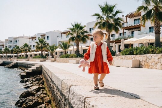 Little girl walks by sea shore holding stuffed octopus toy. Resort town buildings and palm trees stand behind stone wall. Sunny day at beach.