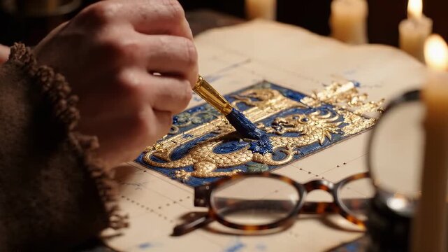 A monk's steady hand applies brilliant ultramarine paint to an illuminated manuscript letter, gold leaf catching the candlelight on ancient vellum. Devotional artistry and medieval craft concept