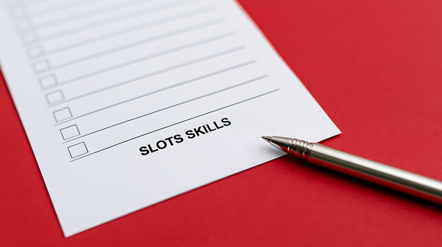 Slots skills assessment concept with a checklist document on red background and metal pen for human resource and corporate employee review