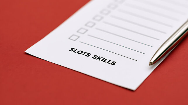 A white paper checklist with slots skills text and a metallic pen on a vibrant red background for corporate office and career concept