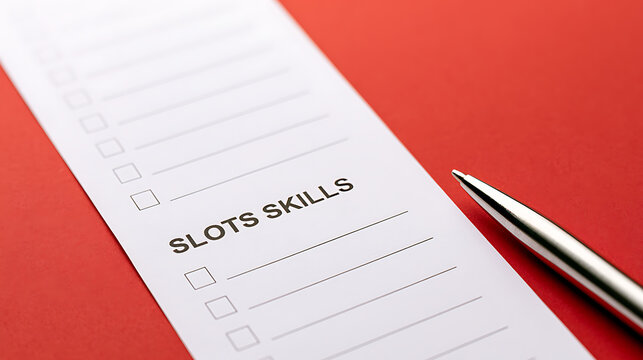 A close up view of a paper checklist on a red desk with a silver pen next to the text slots skills representing career growth and planning