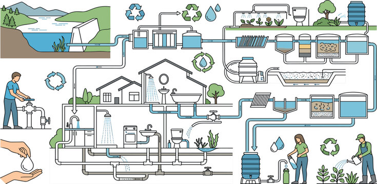 Water cycle and treatment system infographic vector showing recycling filtration supply consumption and household conservation